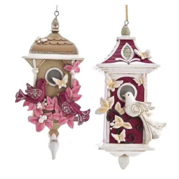 Pink and Burgandy Birdhouses Christmas Holiday Ornaments Set of 2 - Picture 1 of 4